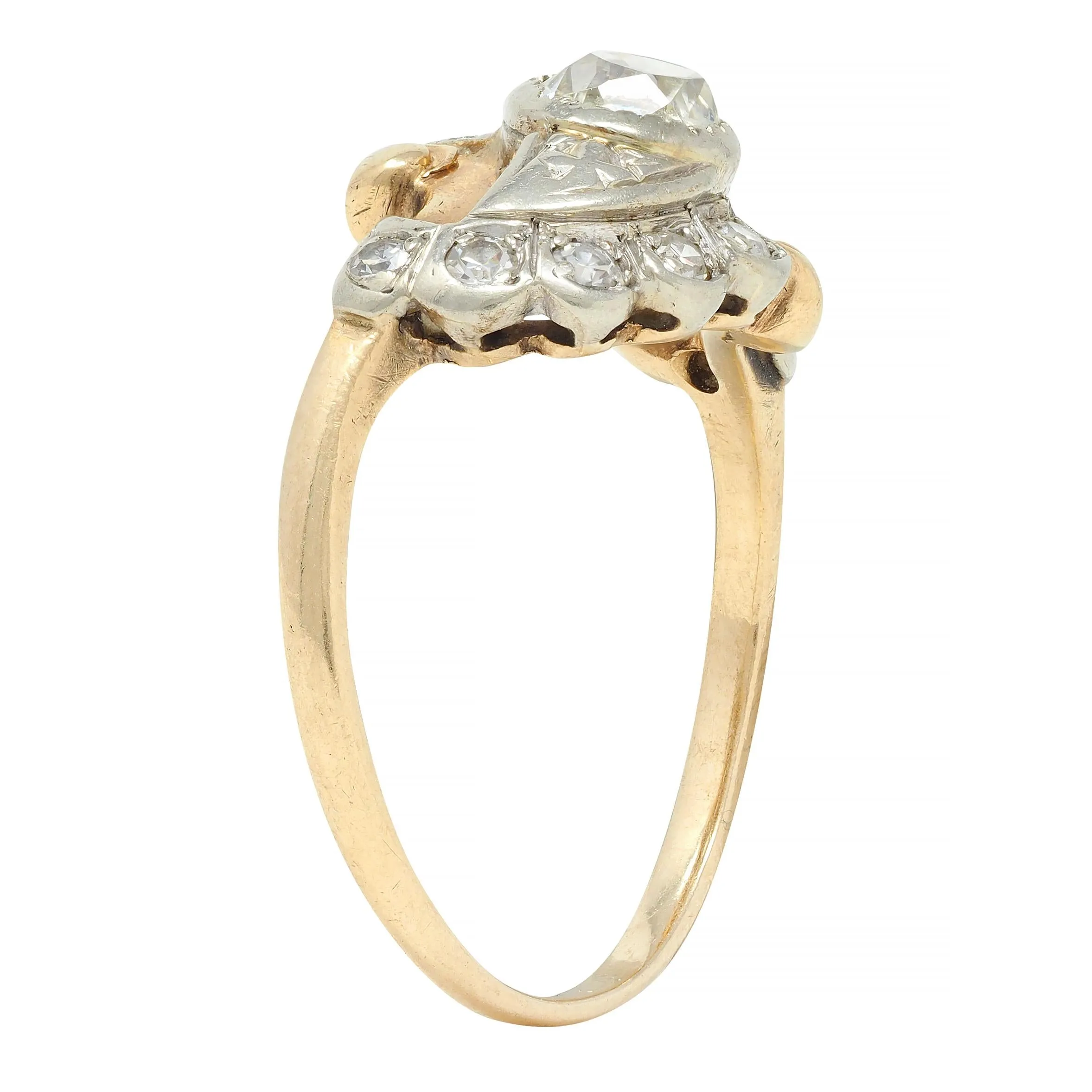 Early Art Deco 0.75 CTW Old Mine Cut Diamond 14 Karat Two-Tone Gold Vintage Bypass Ring