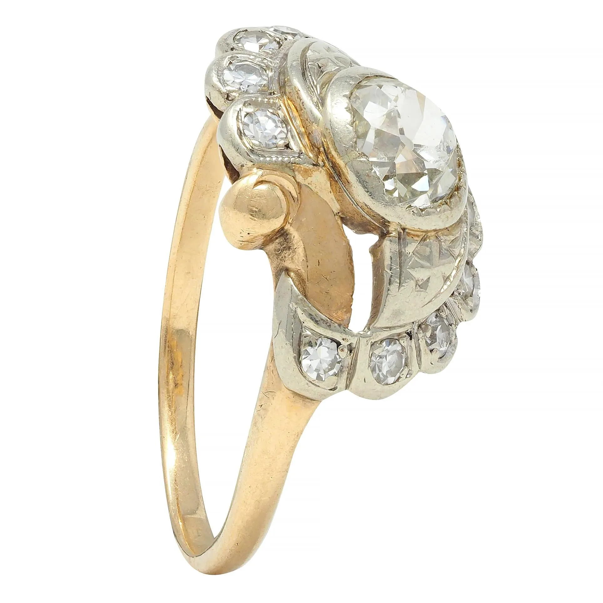 Early Art Deco 0.75 CTW Old Mine Cut Diamond 14 Karat Two-Tone Gold Vintage Bypass Ring