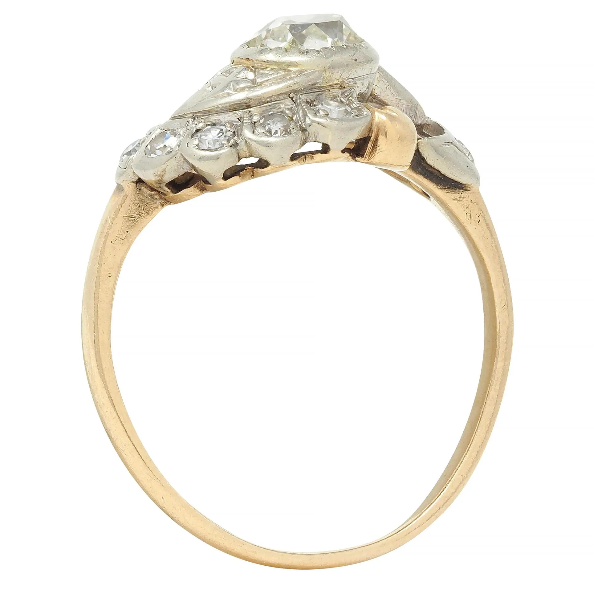 Early Art Deco 0.75 CTW Old Mine Cut Diamond 14 Karat Two-Tone Gold Vintage Bypass Ring