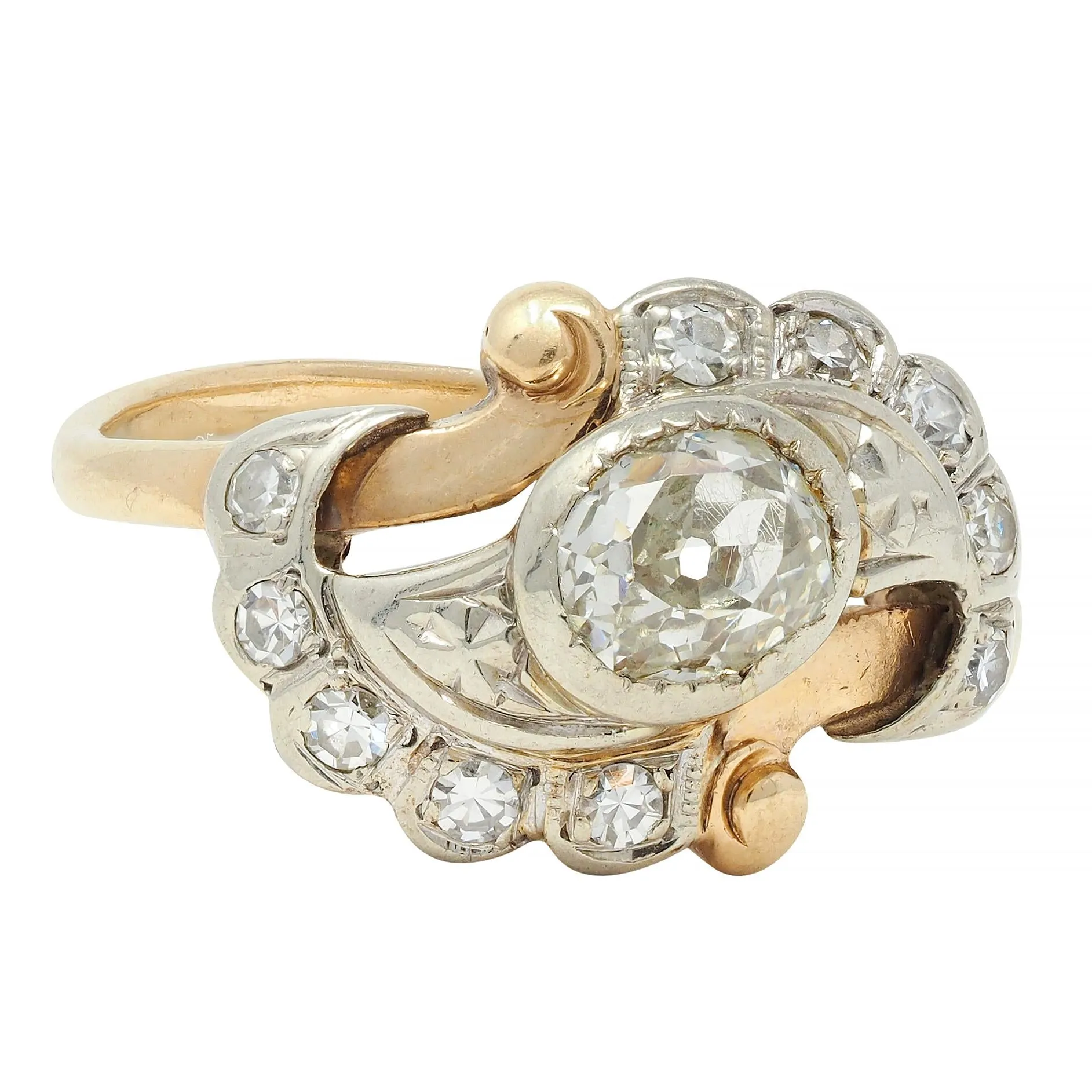 Early Art Deco 0.75 CTW Old Mine Cut Diamond 14 Karat Two-Tone Gold Vintage Bypass Ring