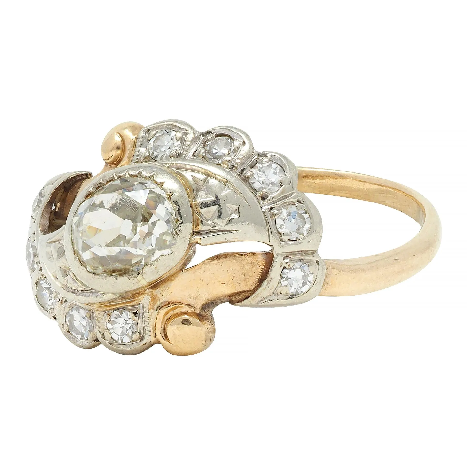 Early Art Deco 0.75 CTW Old Mine Cut Diamond 14 Karat Two-Tone Gold Vintage Bypass Ring