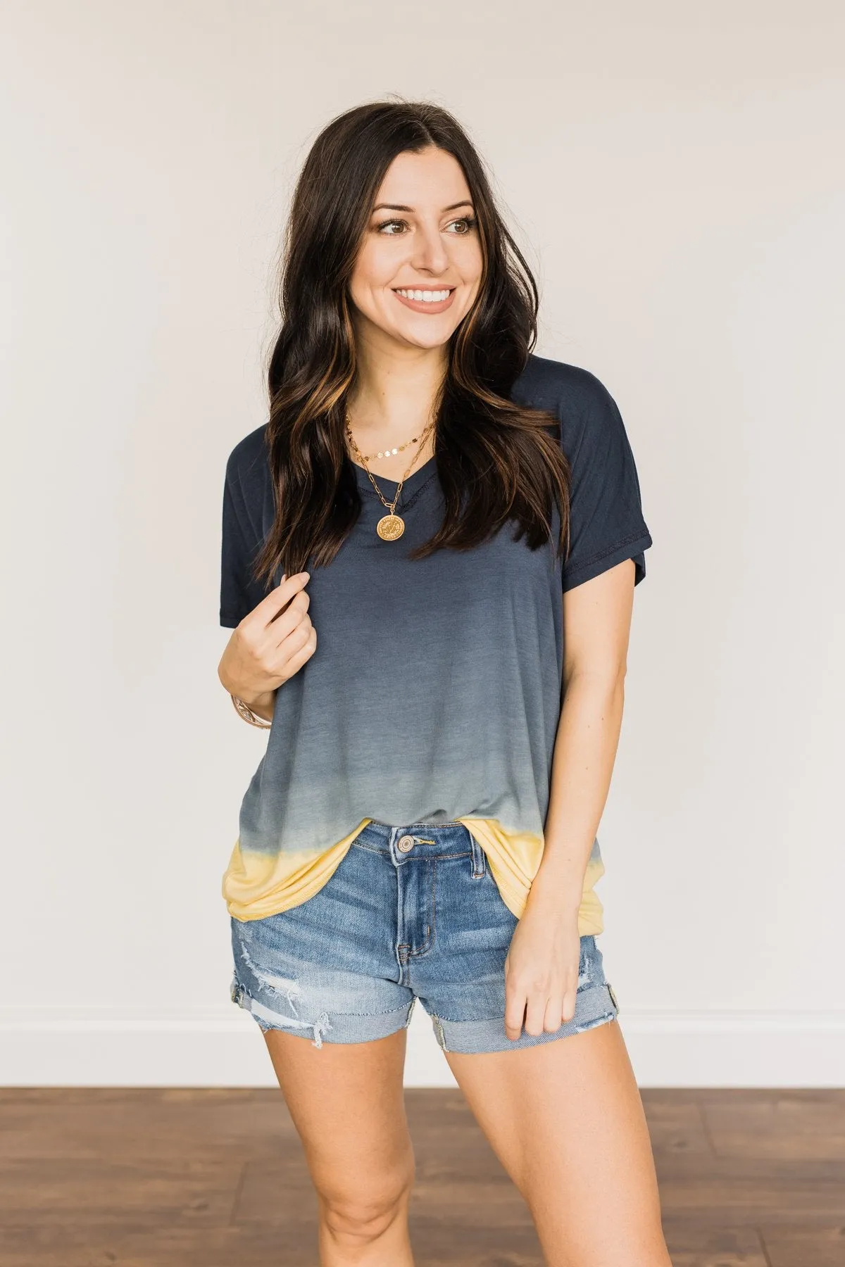 Enjoy Every Moment Ombre Top- Navy & Yellow