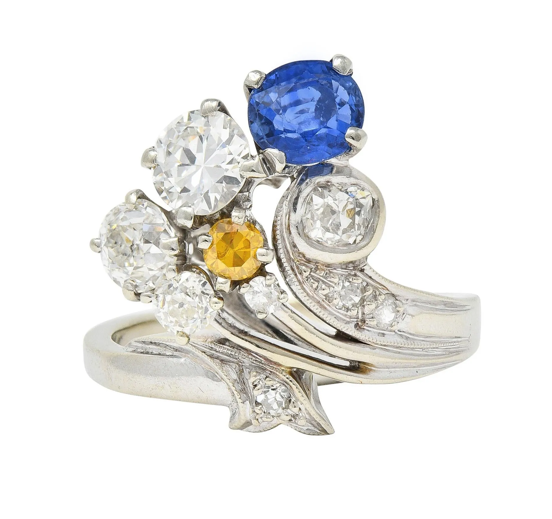 Erwin Reu Co. Mid-Century 2.03 CTW Sapphire Diamond 14 Karat White Gold Vintage Bypass Ring