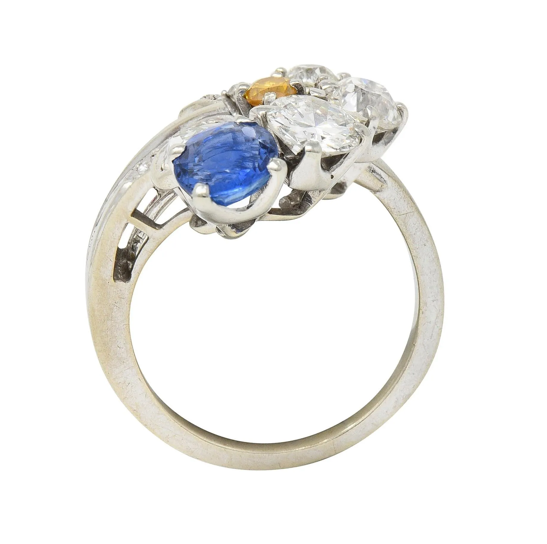 Erwin Reu Co. Mid-Century 2.03 CTW Sapphire Diamond 14 Karat White Gold Vintage Bypass Ring