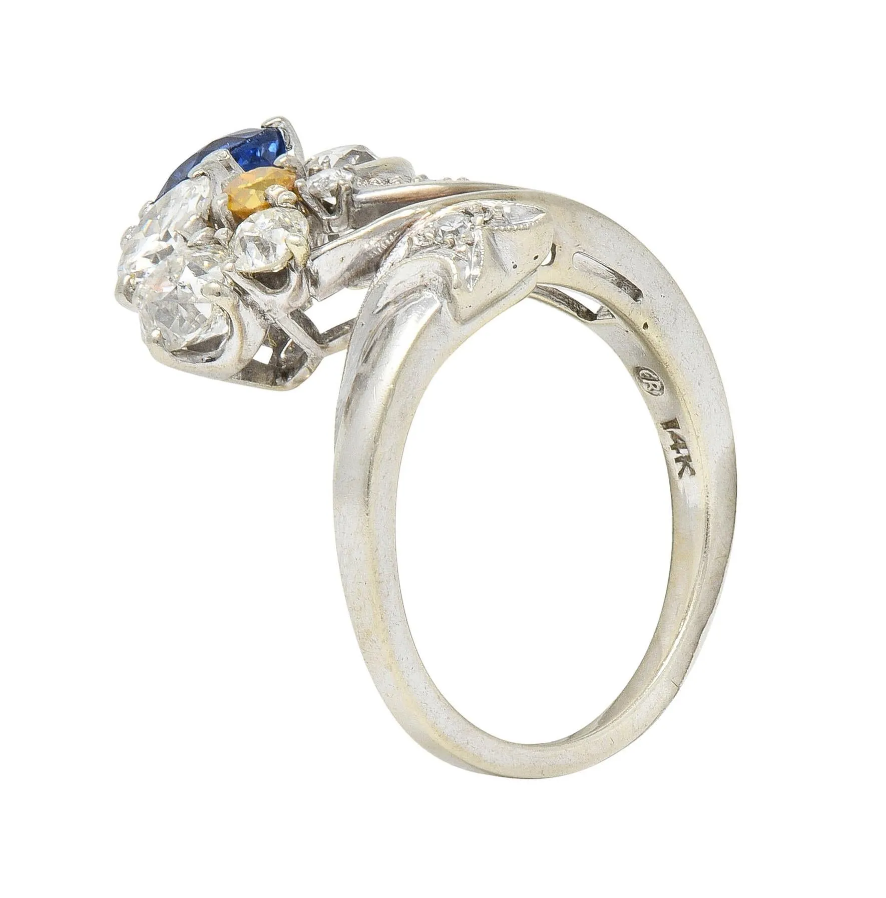 Erwin Reu Co. Mid-Century 2.03 CTW Sapphire Diamond 14 Karat White Gold Vintage Bypass Ring