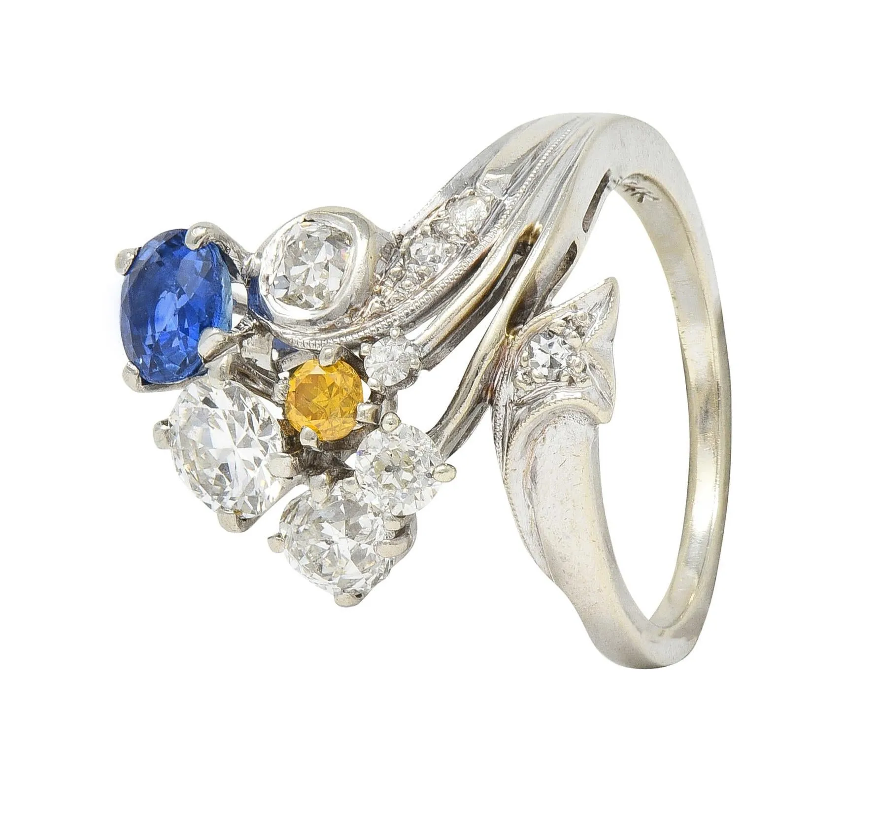 Erwin Reu Co. Mid-Century 2.03 CTW Sapphire Diamond 14 Karat White Gold Vintage Bypass Ring