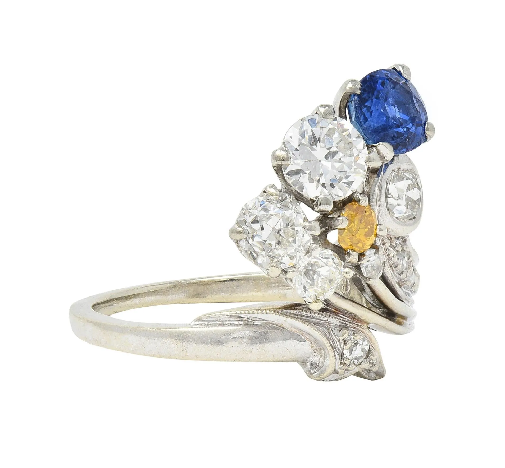 Erwin Reu Co. Mid-Century 2.03 CTW Sapphire Diamond 14 Karat White Gold Vintage Bypass Ring