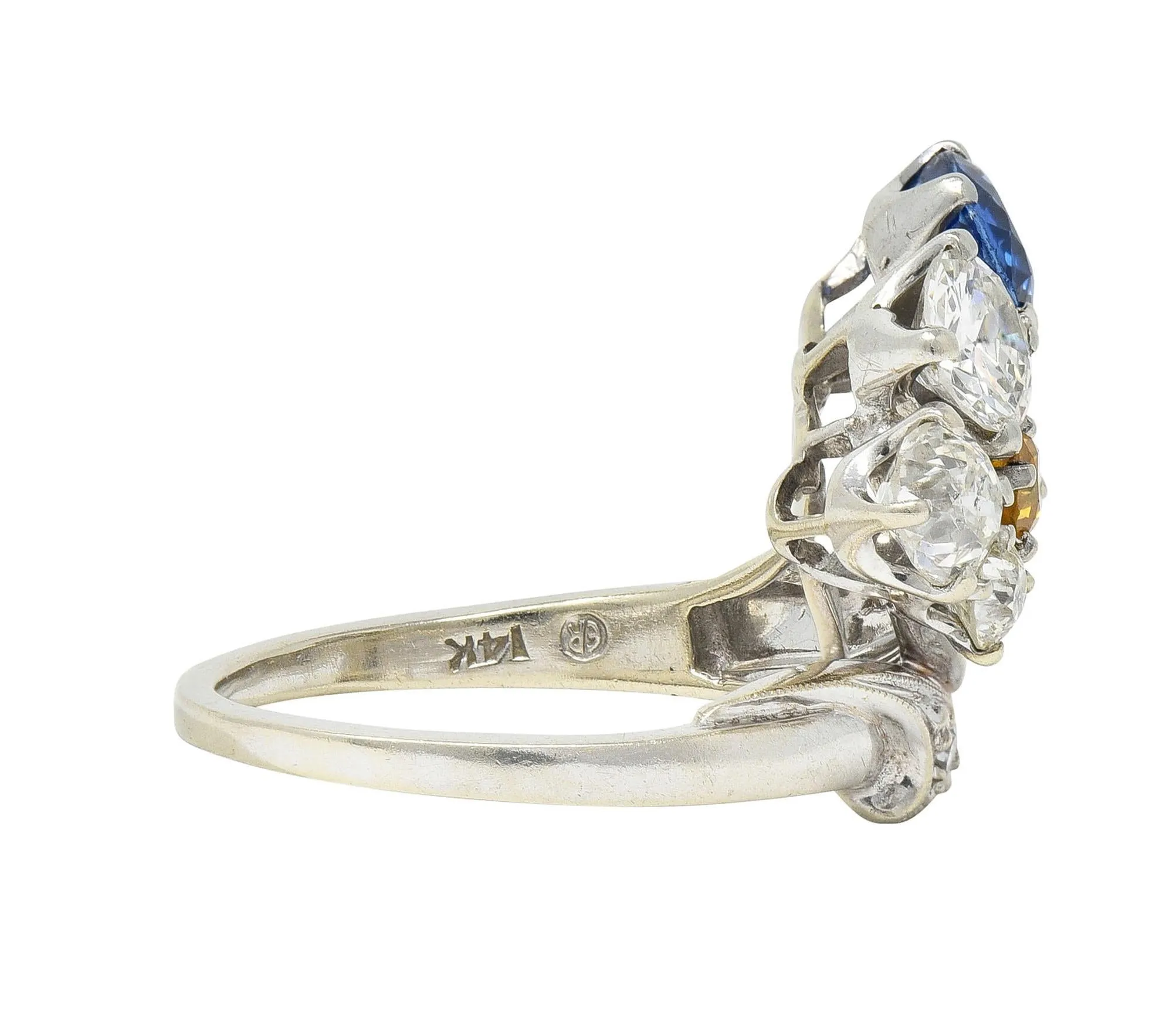 Erwin Reu Co. Mid-Century 2.03 CTW Sapphire Diamond 14 Karat White Gold Vintage Bypass Ring