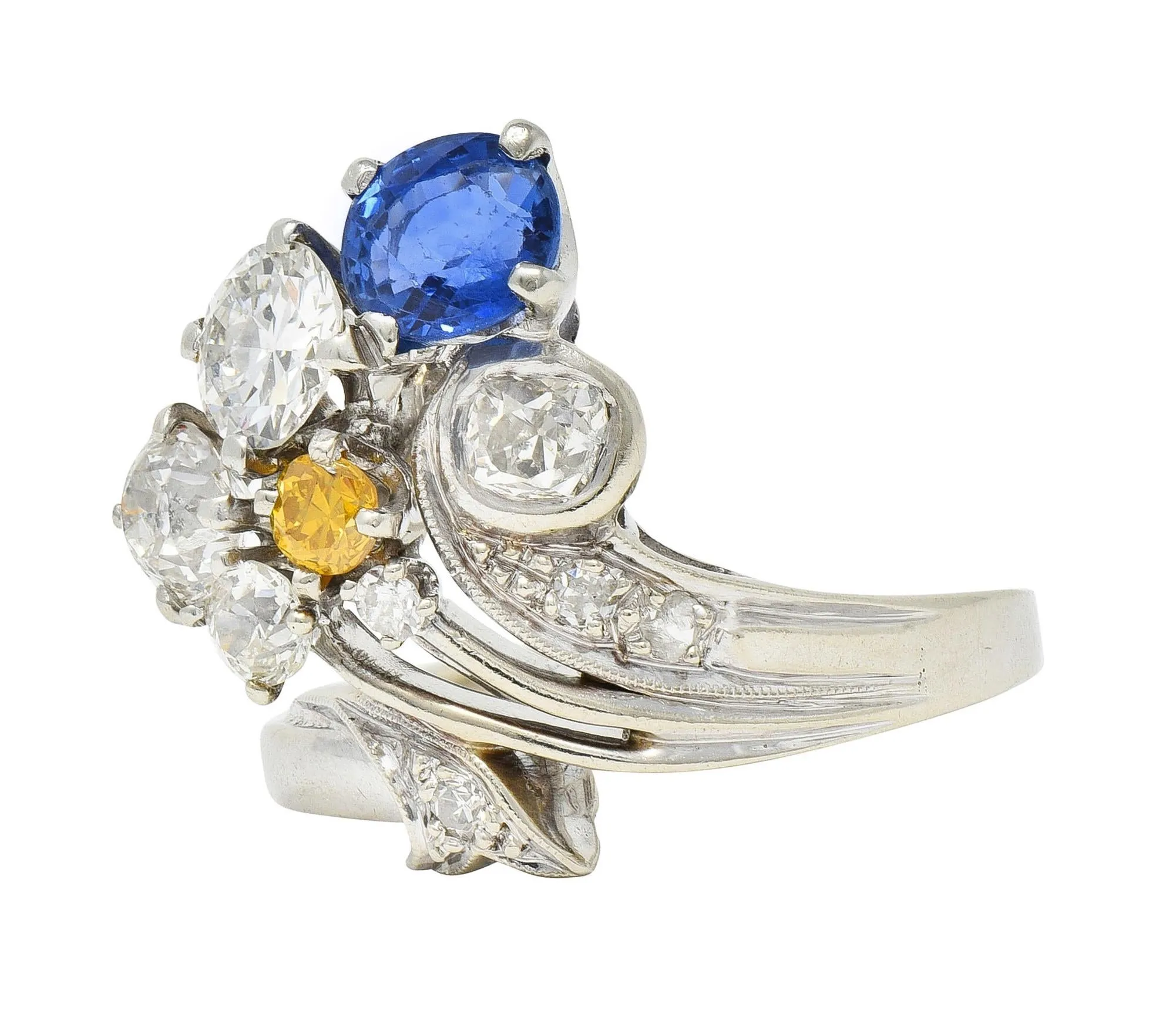 Erwin Reu Co. Mid-Century 2.03 CTW Sapphire Diamond 14 Karat White Gold Vintage Bypass Ring