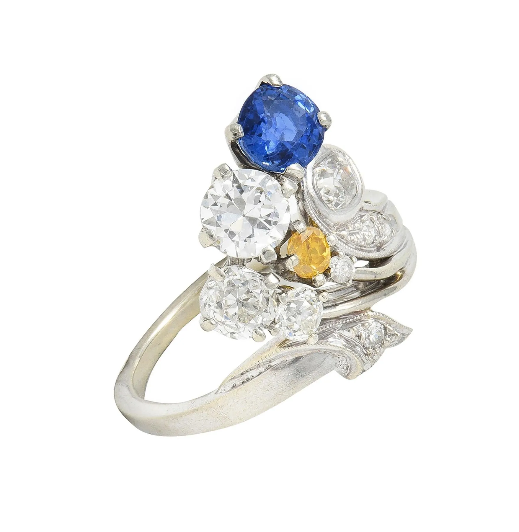 Erwin Reu Co. Mid-Century 2.03 CTW Sapphire Diamond 14 Karat White Gold Vintage Bypass Ring