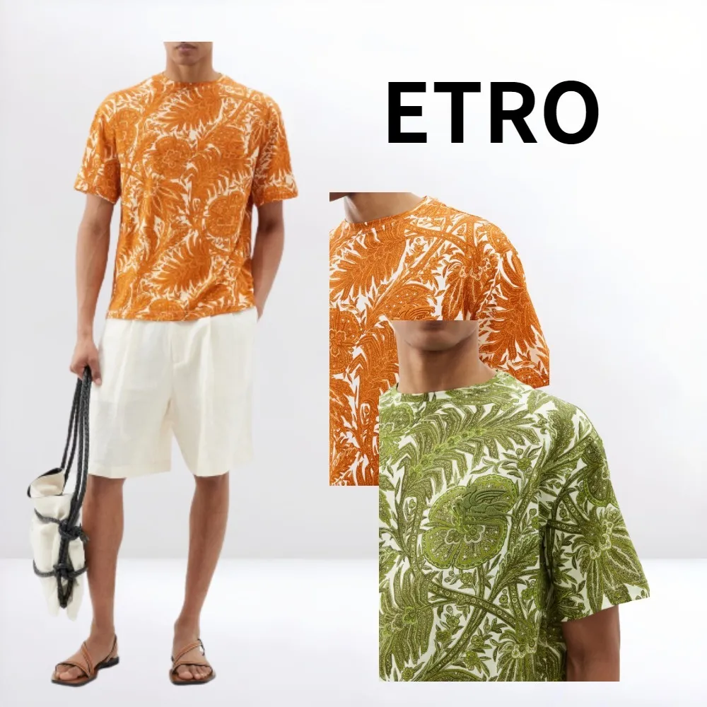 ETRO  |Crew Neck Flower Patterns Cotton Short Sleeves Luxury