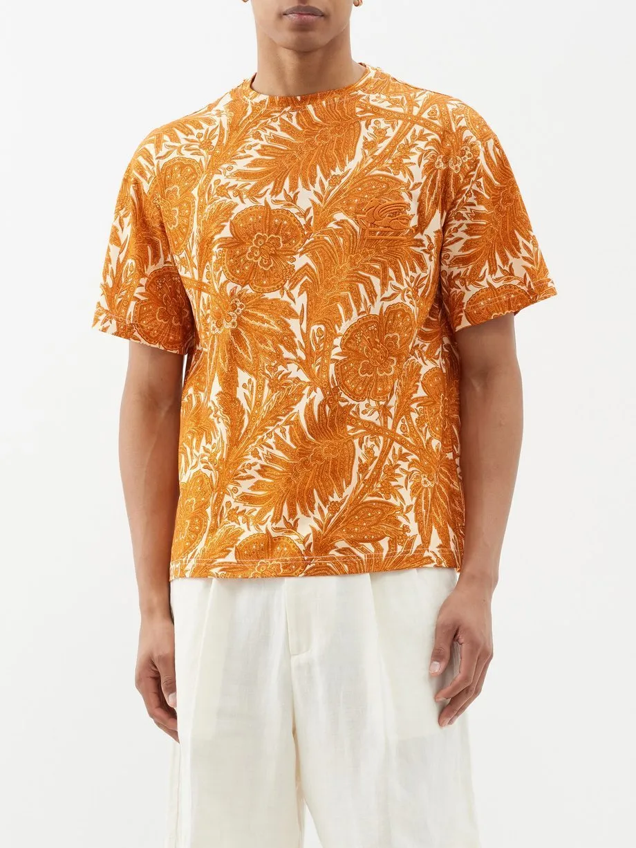 ETRO  |Crew Neck Flower Patterns Cotton Short Sleeves Luxury