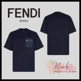 FENDI  |Crew Neck Street Style Cotton Short Sleeves Logo Luxury