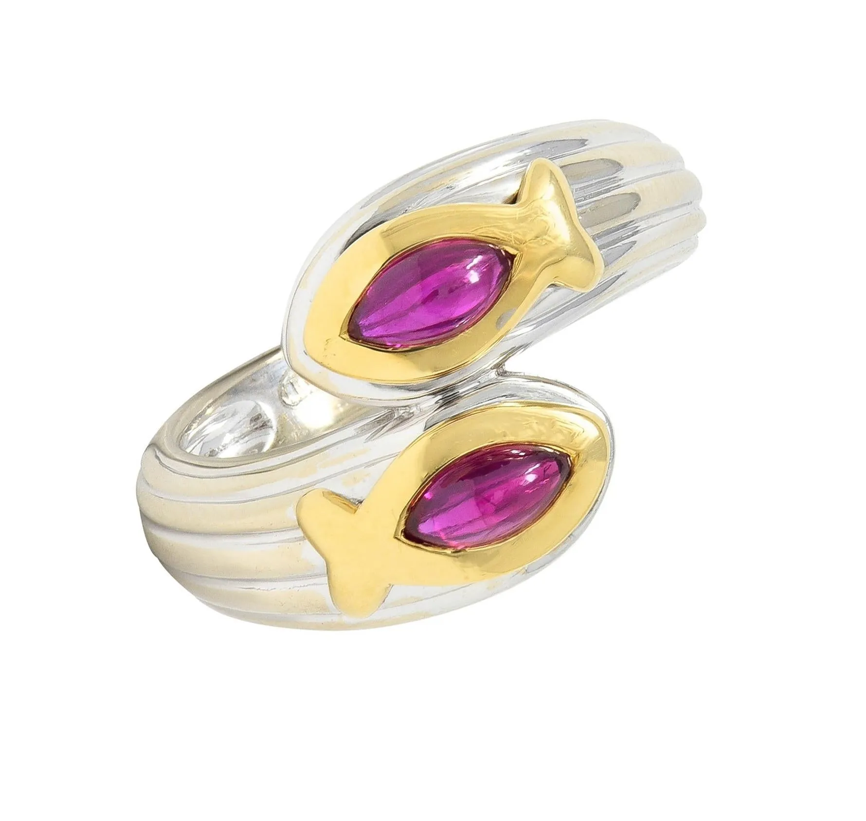 Fred Paris Ruby 18 Karat Two-Tone Gold Fish Pisces Zodiac Vintage Bypass Ring