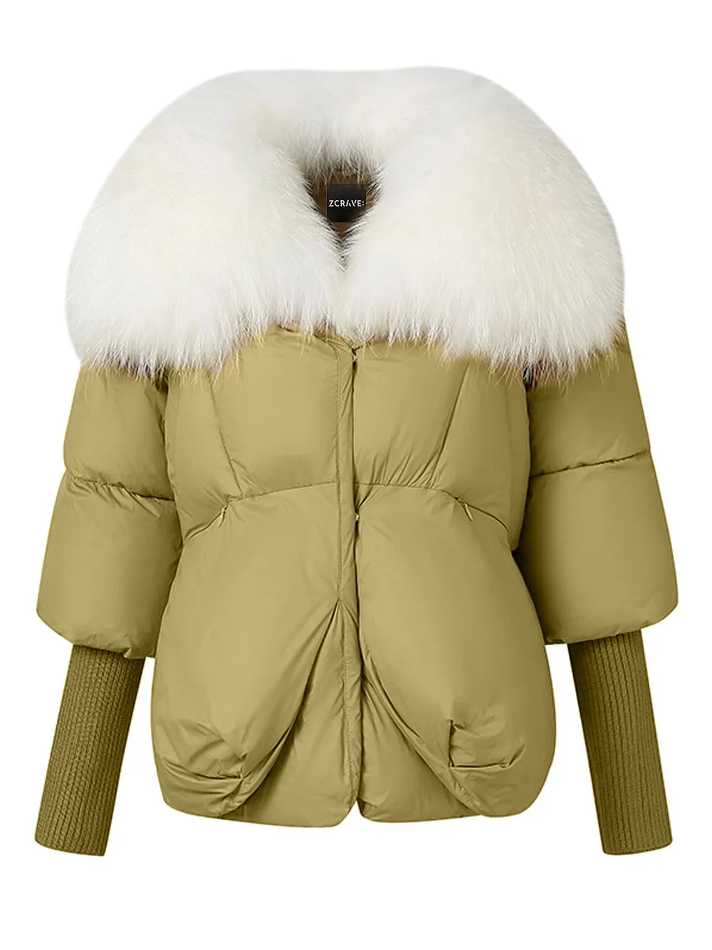 Fur Trim Puffer Jacket in Khaki & White