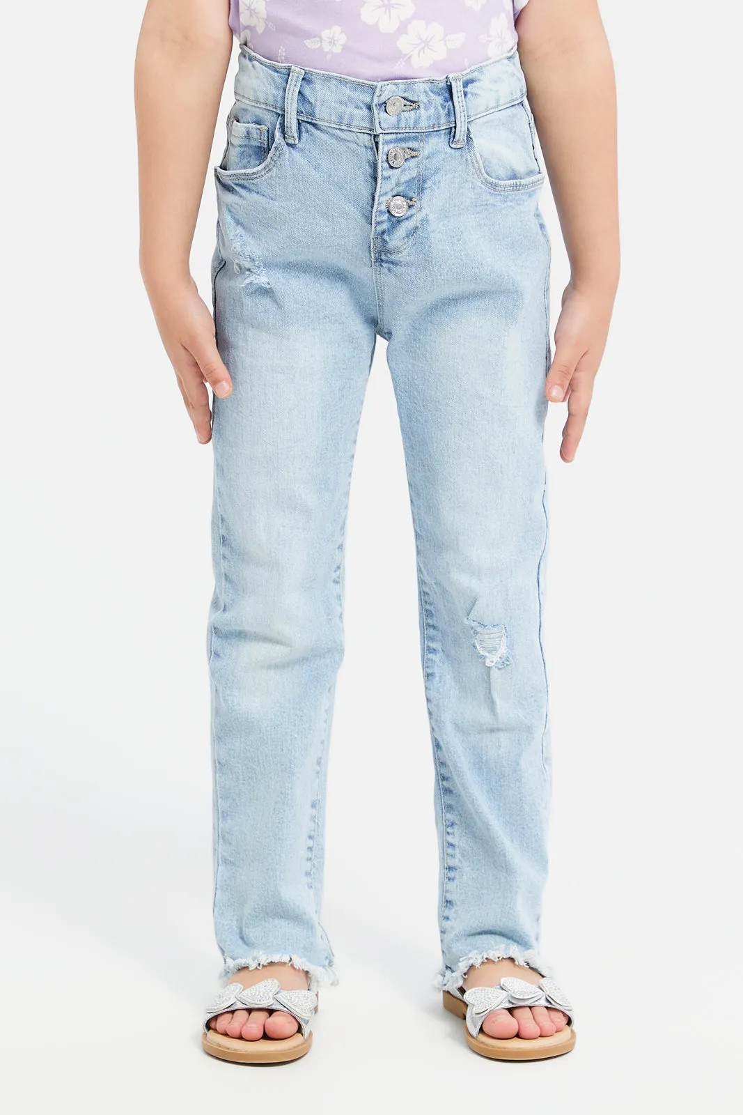 Girls Blue Ripped Flared Denim Jeans