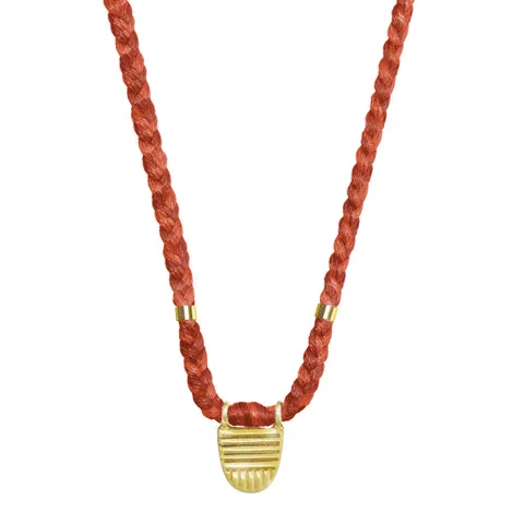 Gold Vermeil Buddhist Flag Necklace on Burnt Orange Cotton Cord