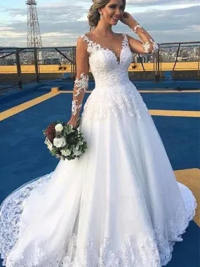 Gorgeous V-neck Long White Lace Applique Wedding dress, WD0431