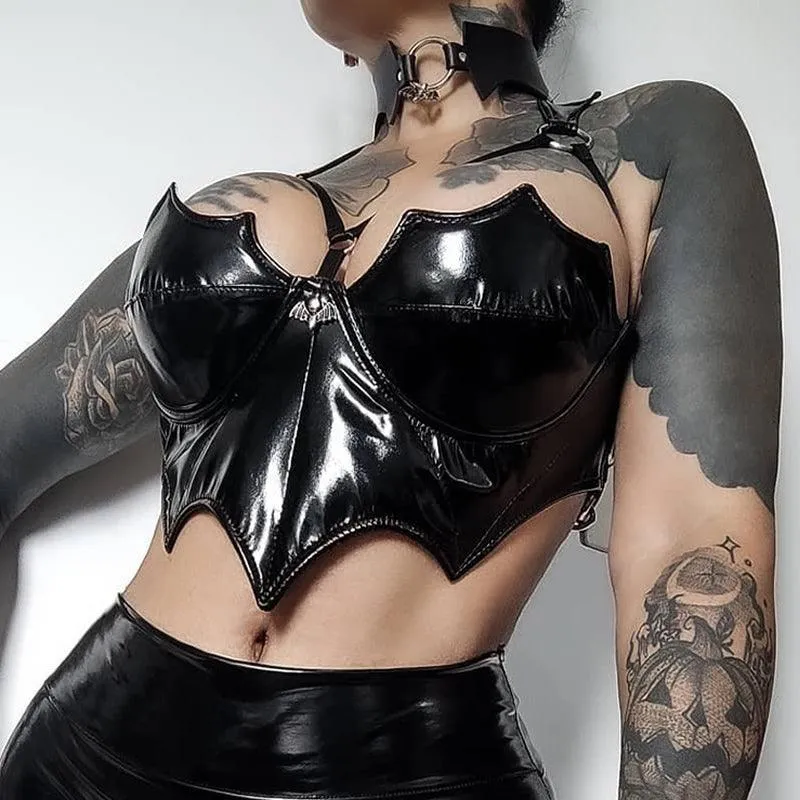 Gothic Backless Black Bat Top - PU Leather and Latex Material for Punk and Egirl