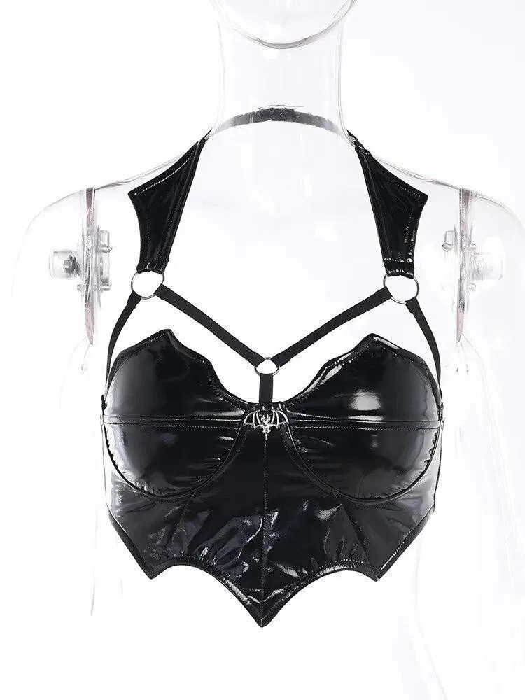 Gothic Backless Black Bat Top - PU Leather and Latex Material for Punk and Egirl