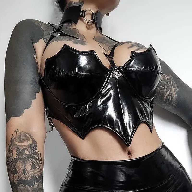 Gothic Backless Black Bat Top - PU Leather and Latex Material for Punk and Egirl