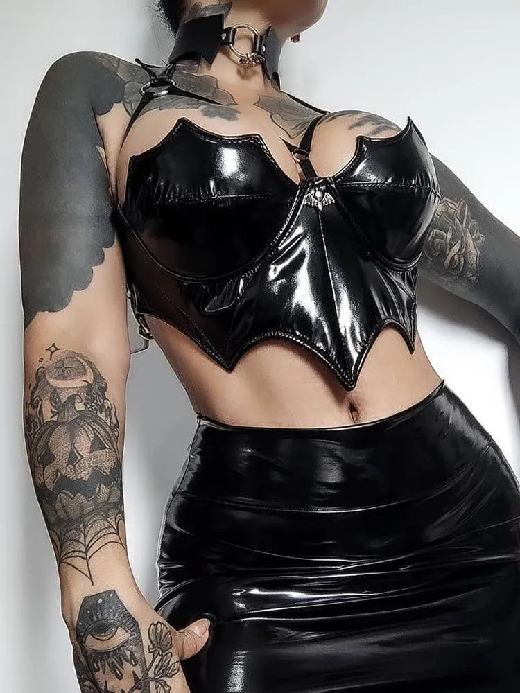 Gothic Backless Black Bat Top - PU Leather and Latex Material for Punk and Egirl