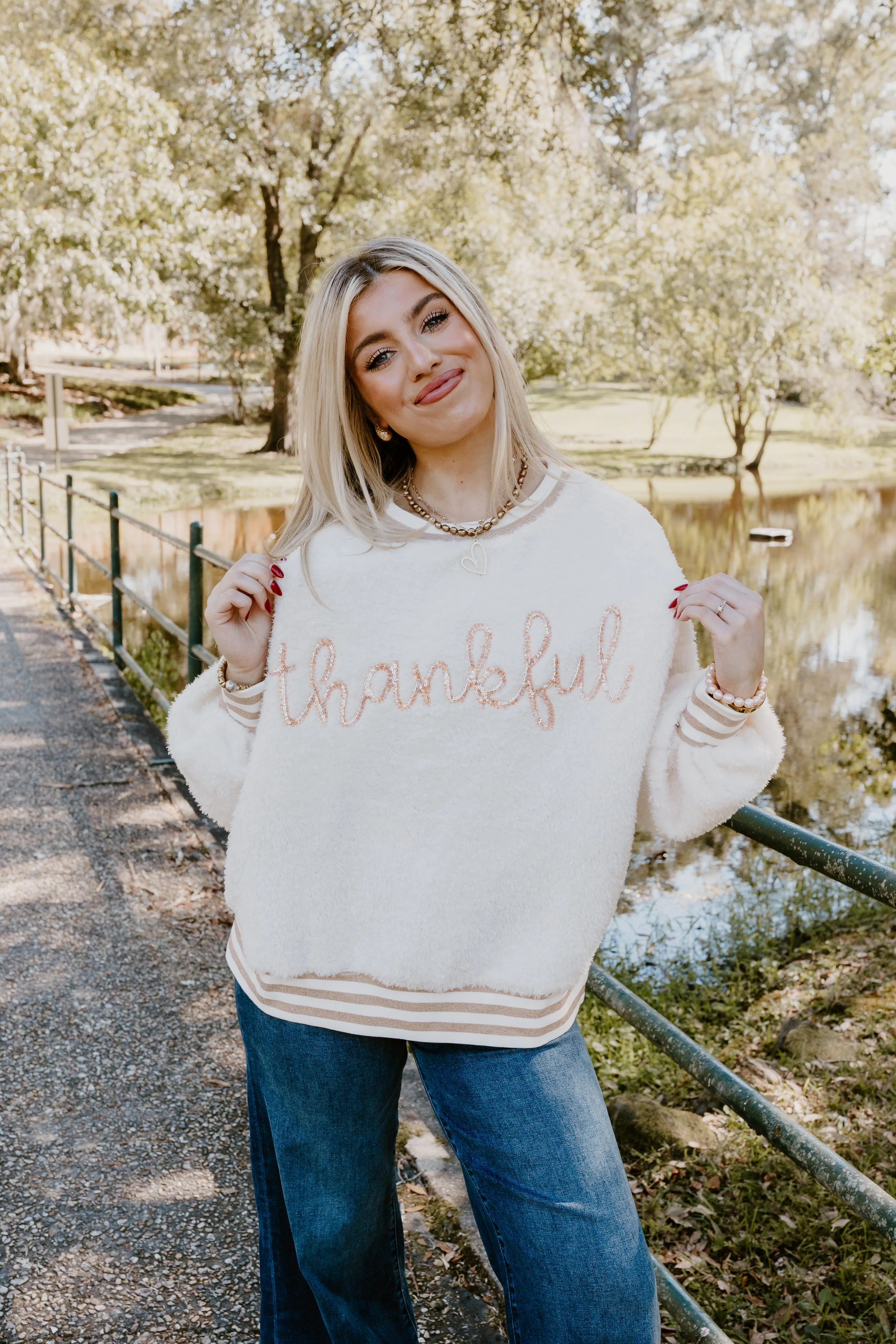 Ivory Thankful Embroidered Oversized Fuzzy Sweatshirt