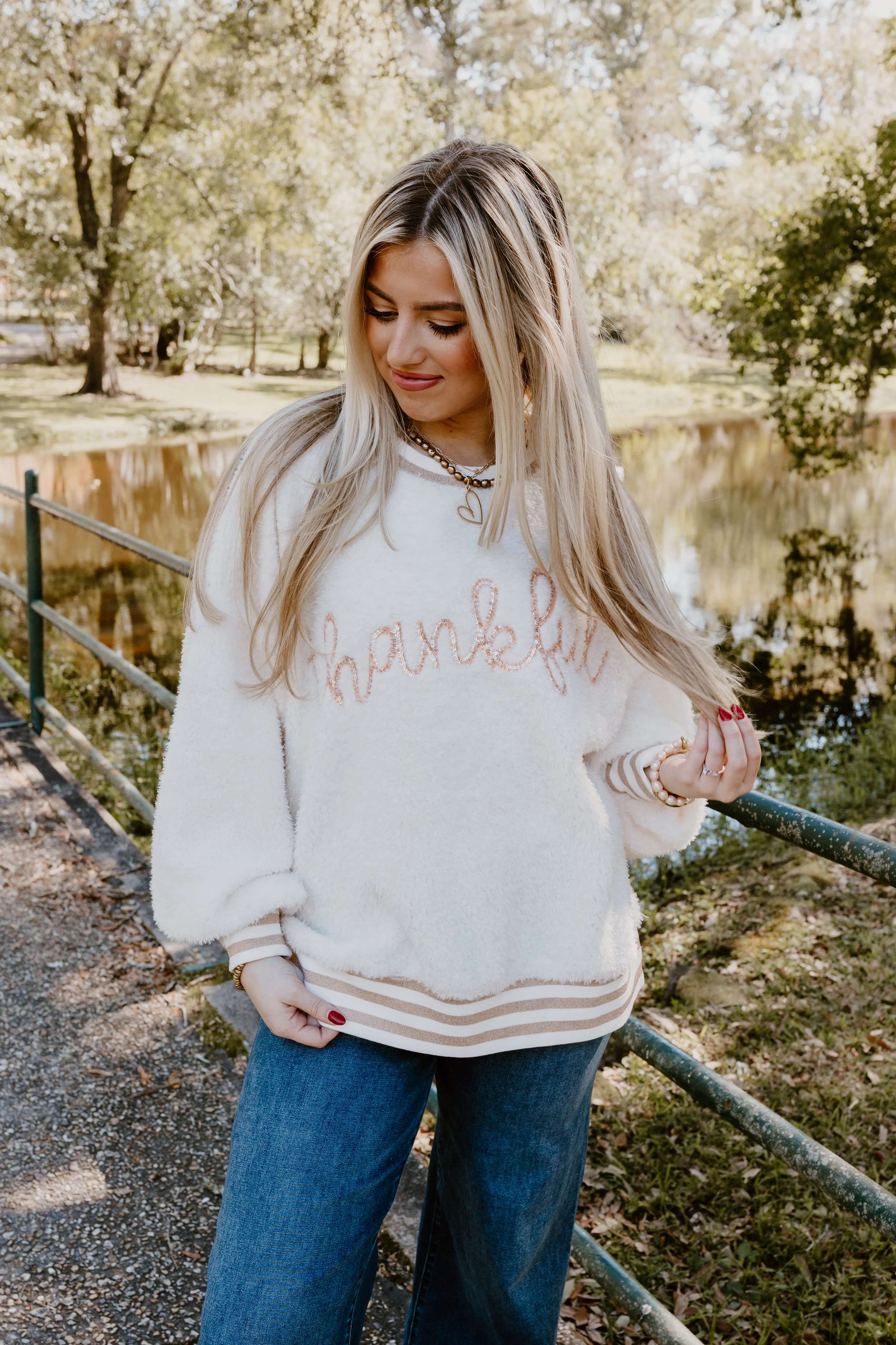 Ivory Thankful Embroidered Oversized Fuzzy Sweatshirt