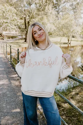 Ivory Thankful Embroidered Oversized Fuzzy Sweatshirt