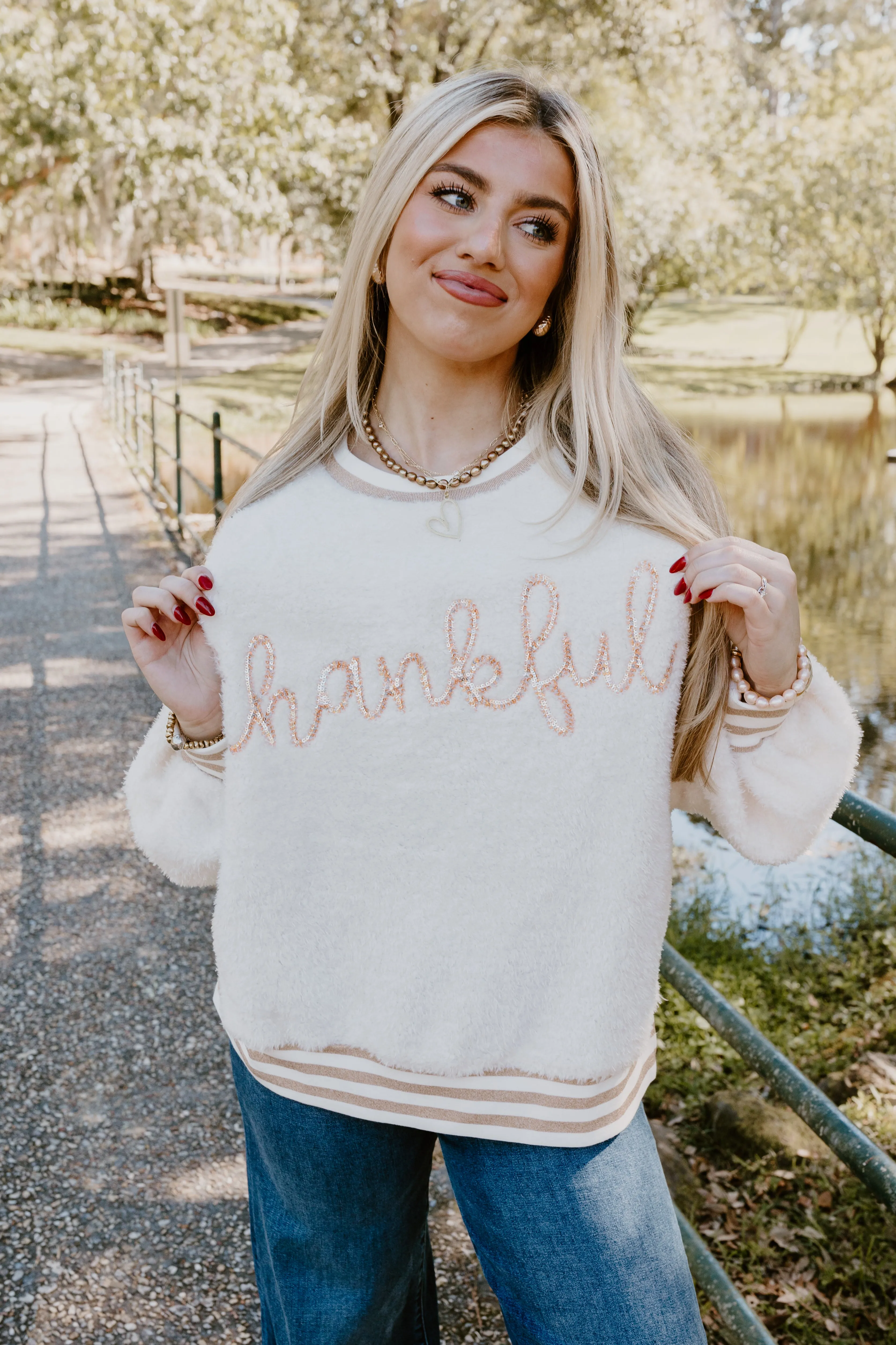 Ivory Thankful Embroidered Oversized Fuzzy Sweatshirt