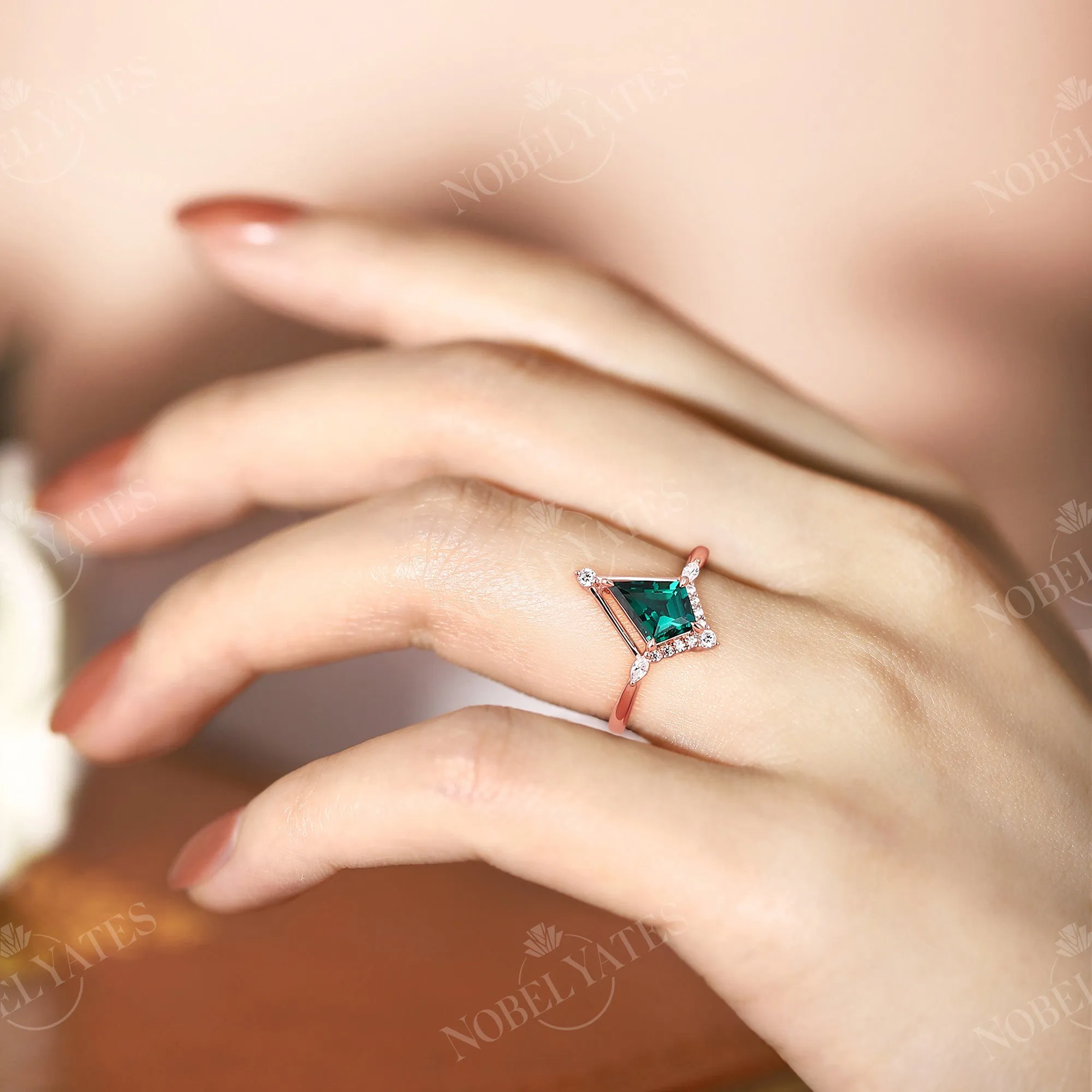 Kite Shape Lab Emerald Engagement Ring Vintage Rose Gold