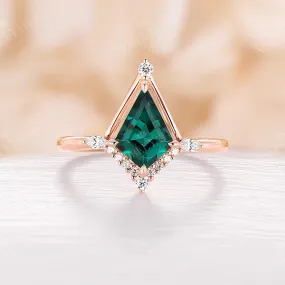 Kite Shape Lab Emerald Engagement Ring Vintage Rose Gold