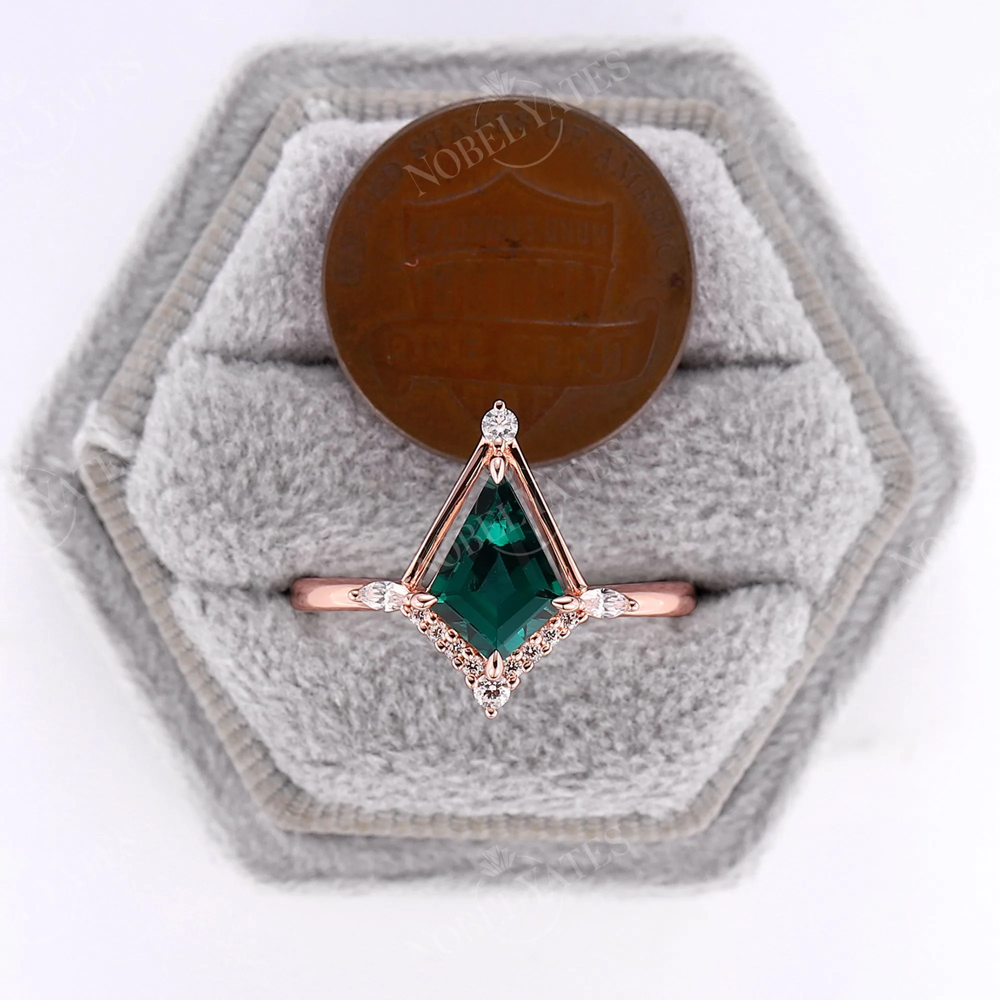 Kite Shape Lab Emerald Engagement Ring Vintage Rose Gold