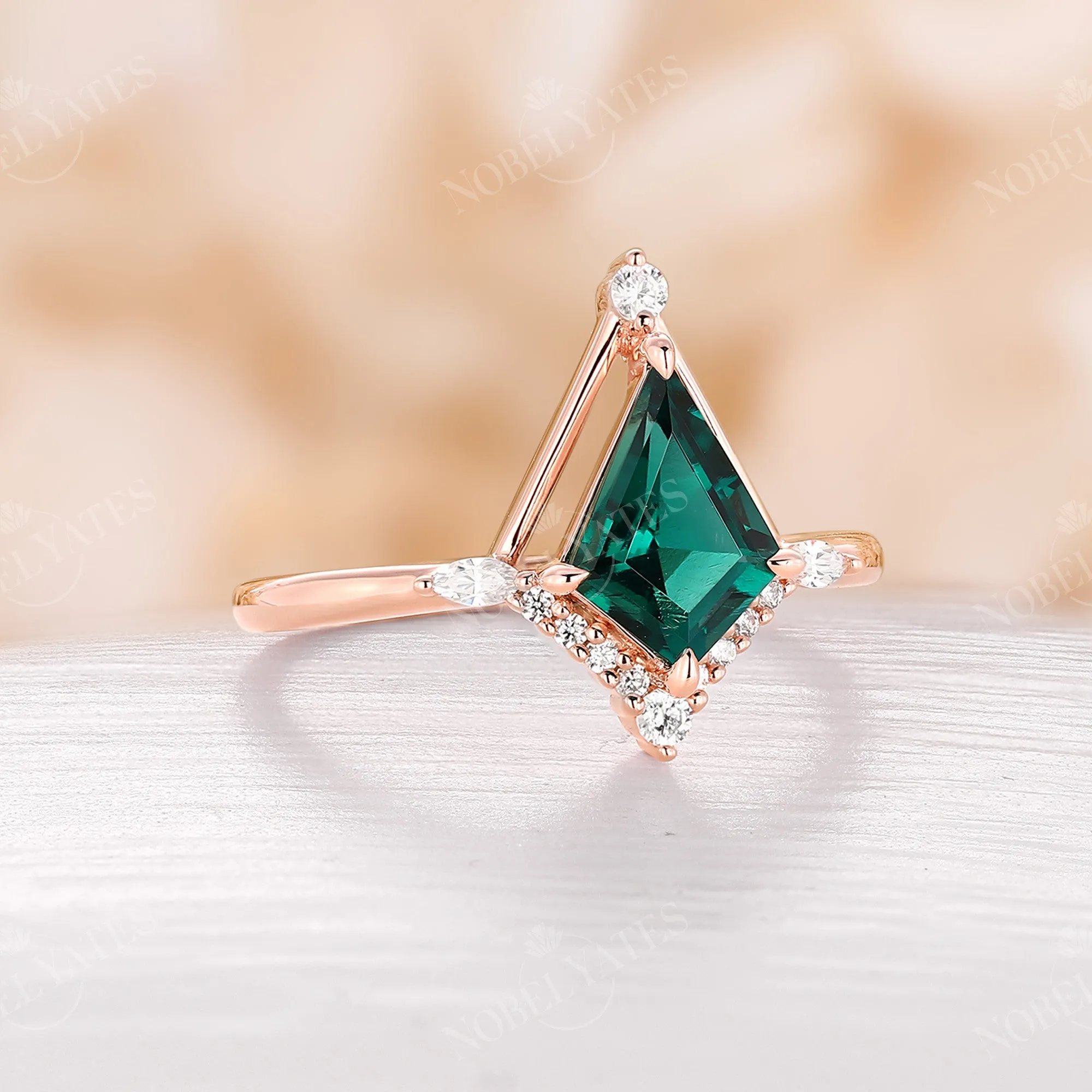 Kite Shape Lab Emerald Engagement Ring Vintage Rose Gold