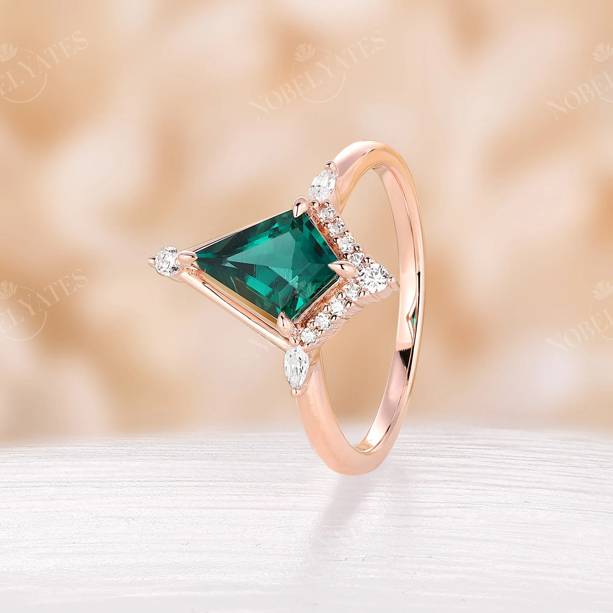 Kite Shape Lab Emerald Engagement Ring Vintage Rose Gold