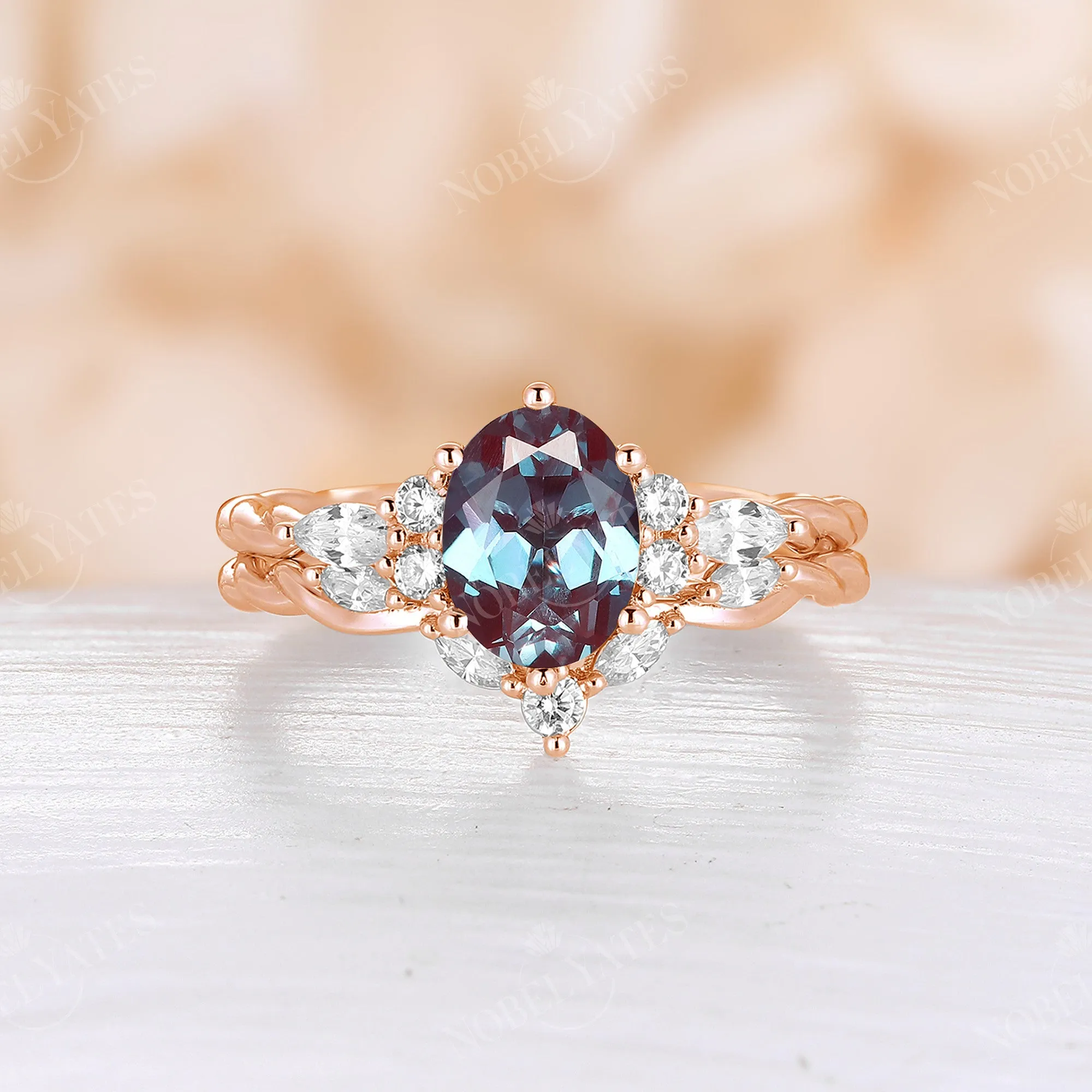 Lab Alexandrite Vintage Oval Cluster & Twist Bridal Set Rose Gold