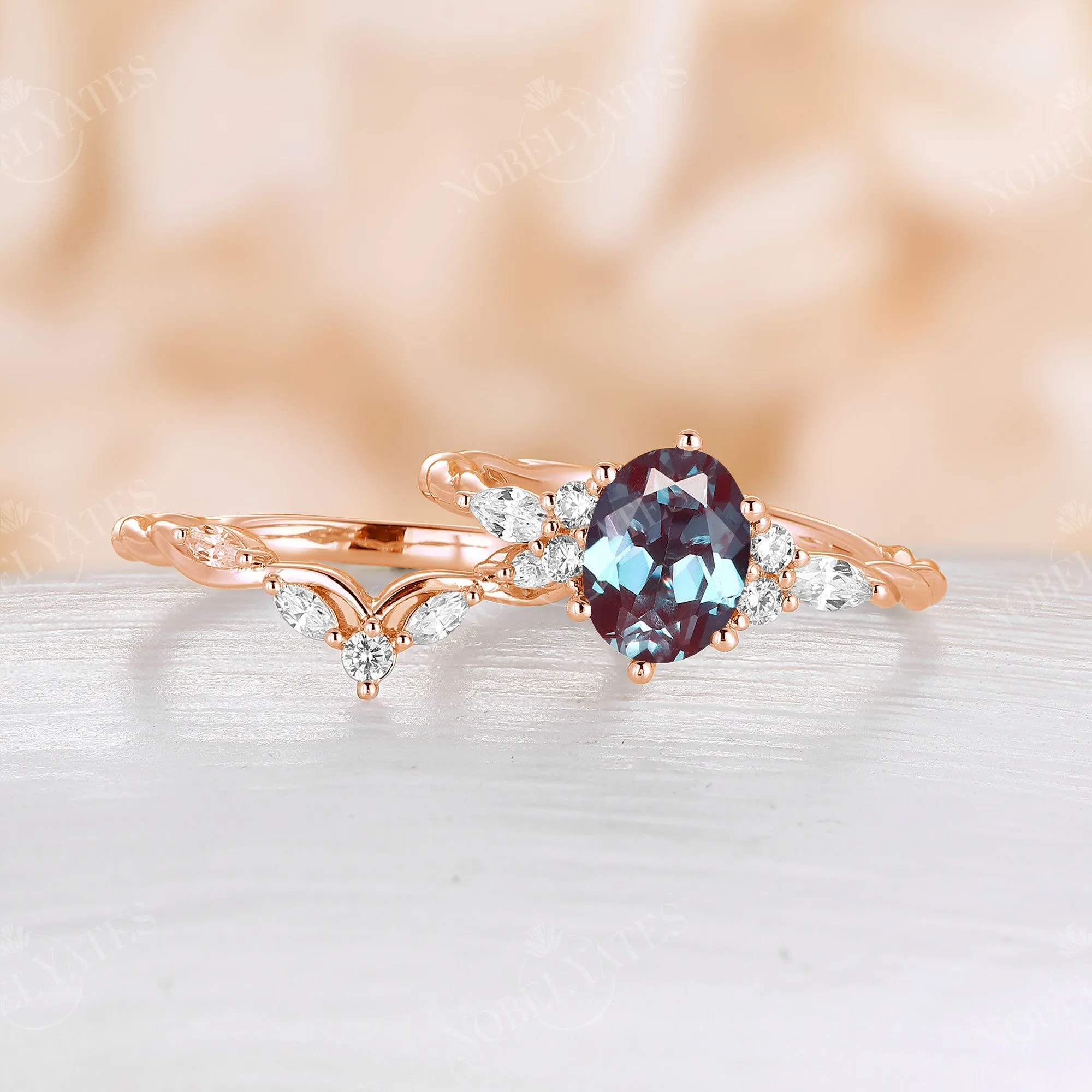 Lab Alexandrite Vintage Oval Cluster & Twist Bridal Set Rose Gold