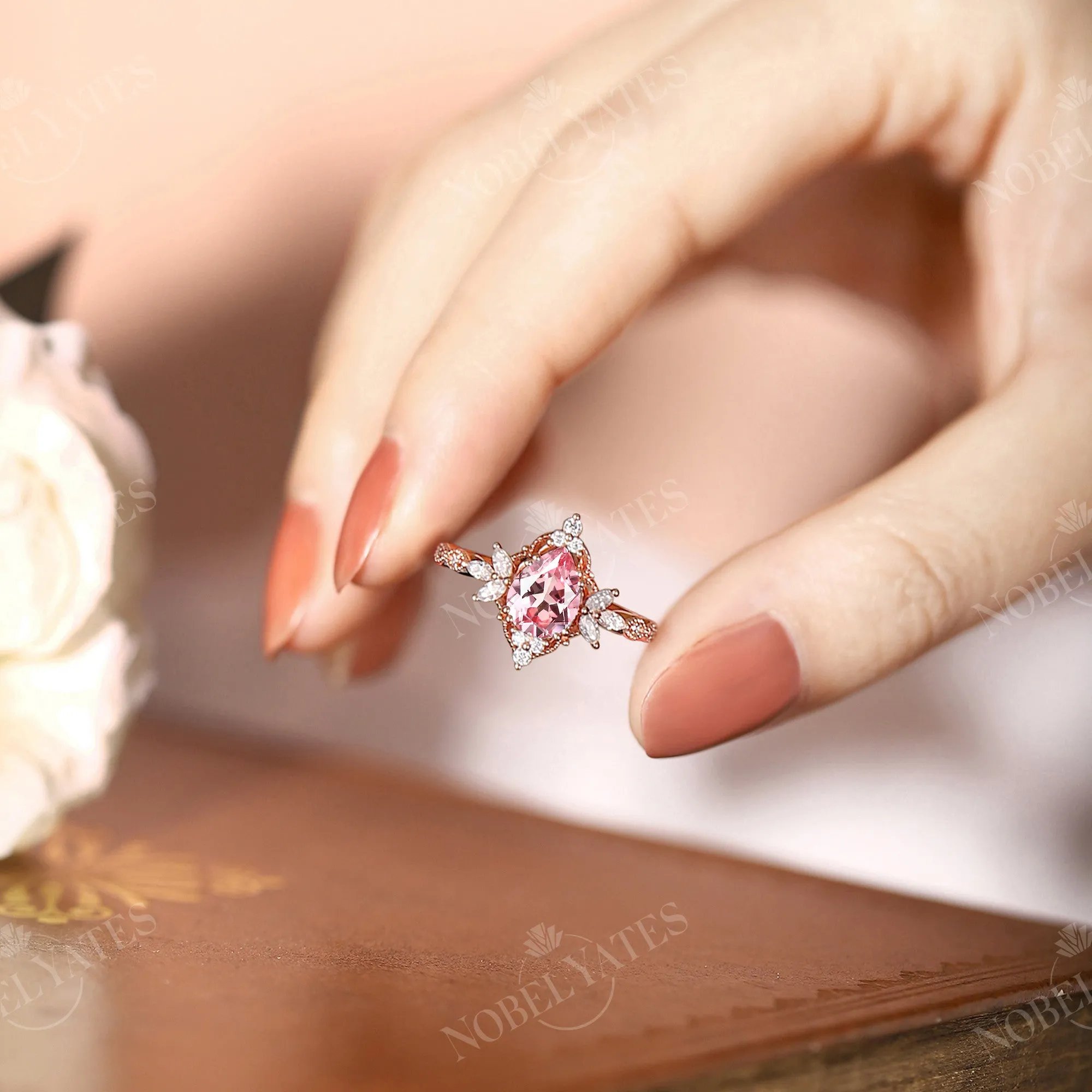 Lab Grown Padparadscha Pear Cut Engagement Ring Vintage Rose Gold