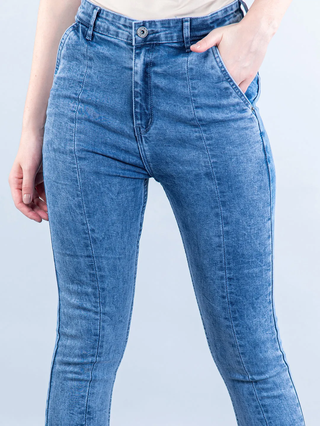 Light Blue Pleated Skinny Fit Jeans For Women