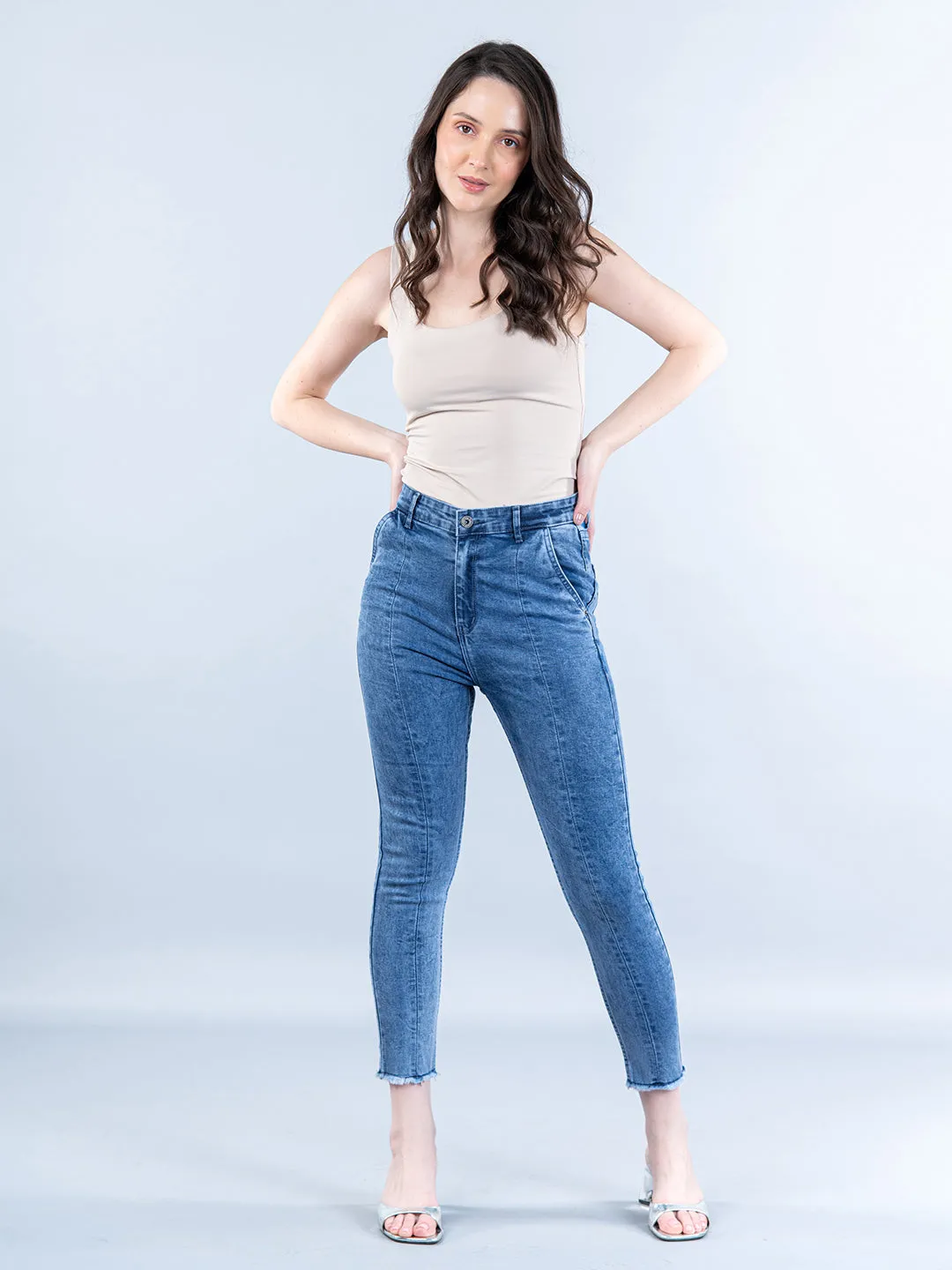 Light Blue Pleated Skinny Fit Jeans For Women