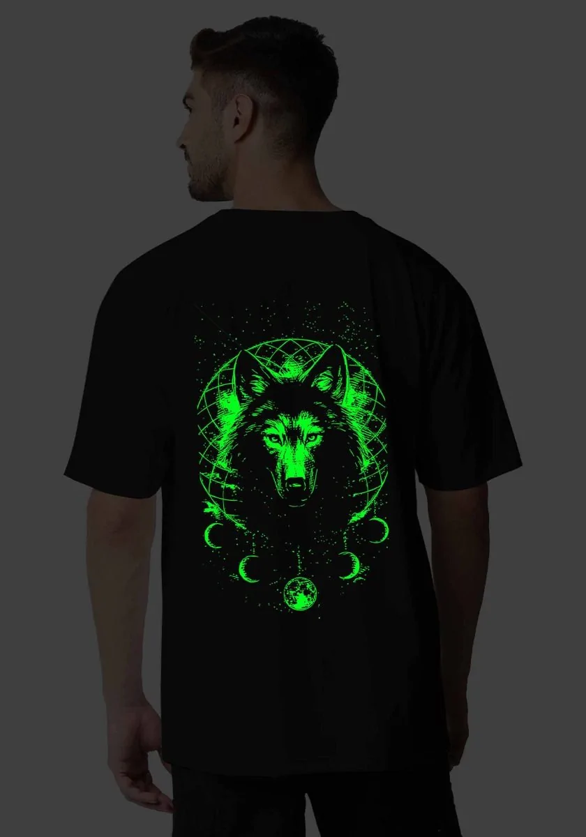 Lunar Phase Wolf Glow In Dark Oversized T-Shirt