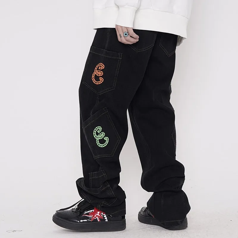 Men and Women Retro Letter Print Streetwear Casual Straight Leg Jeans