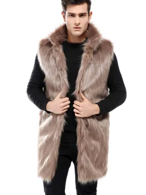 Men Winter Overcoat Brown Sleeveless Fluffy Coat Turndown Collar Faux Fur Coat