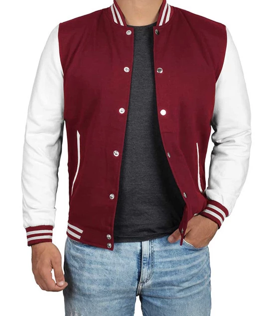 Men's Maroon and White Varsity Jacket - Letterman Style