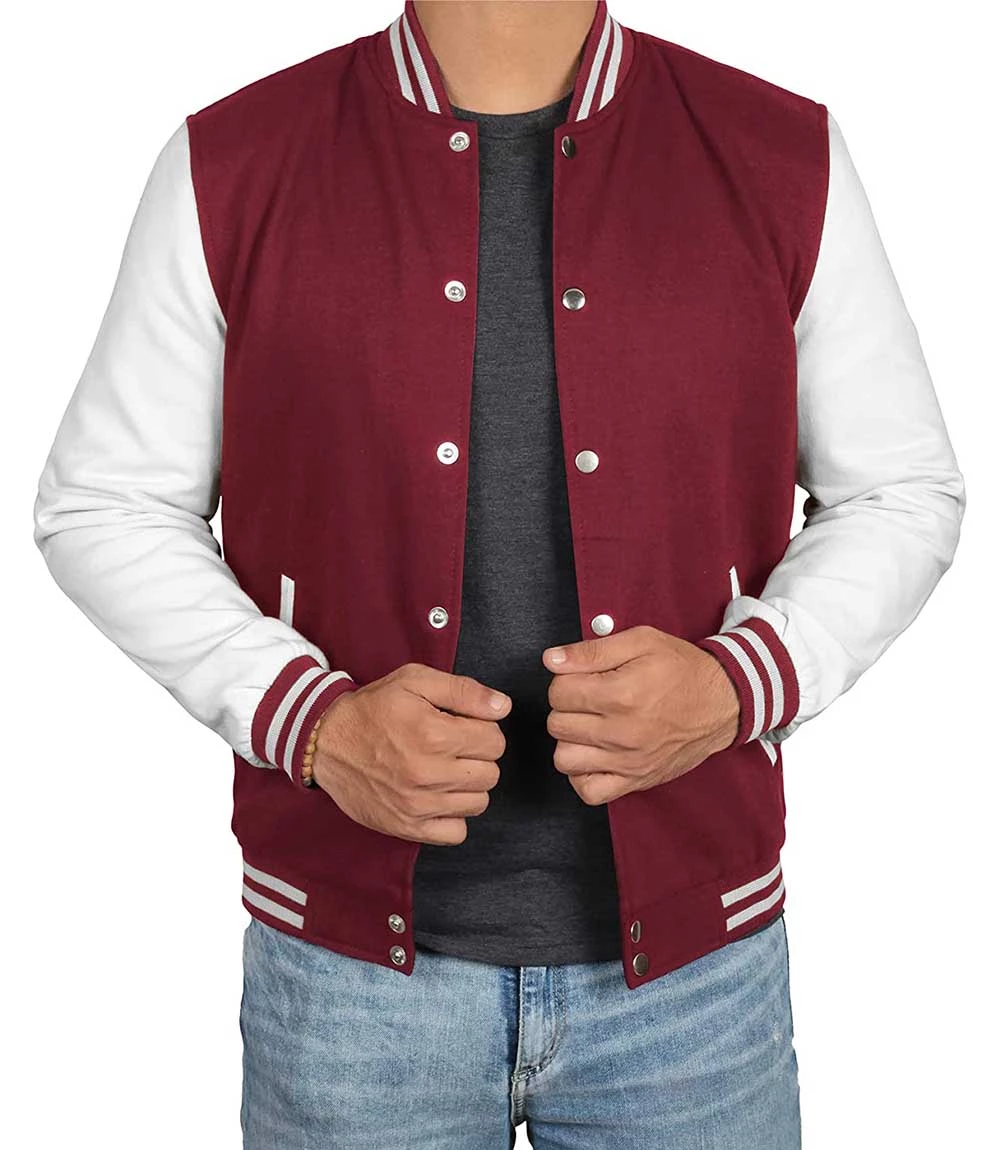 Men's Maroon and White Varsity Jacket - Letterman Style