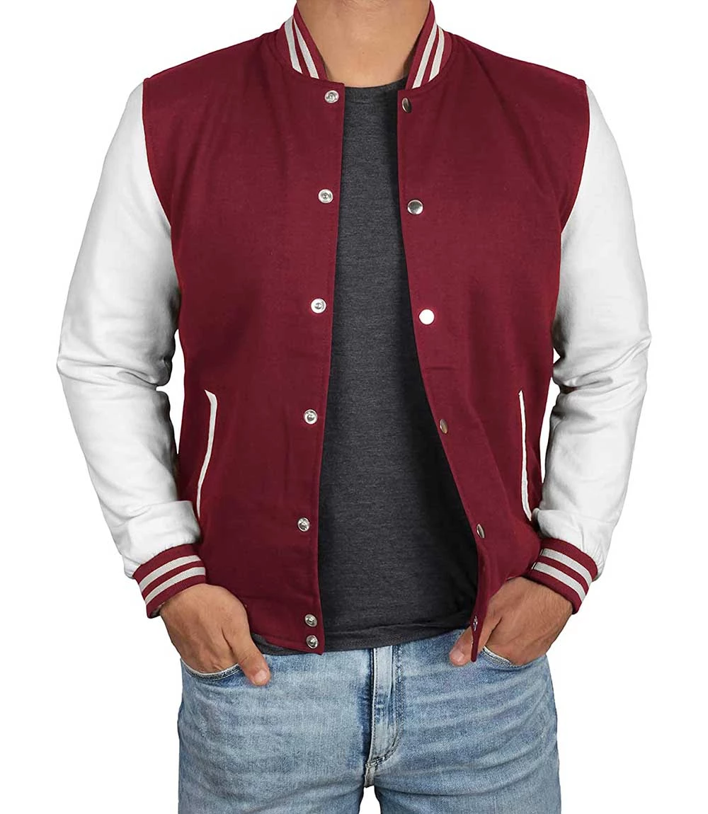 Men's Maroon and White Varsity Jacket - Letterman Style