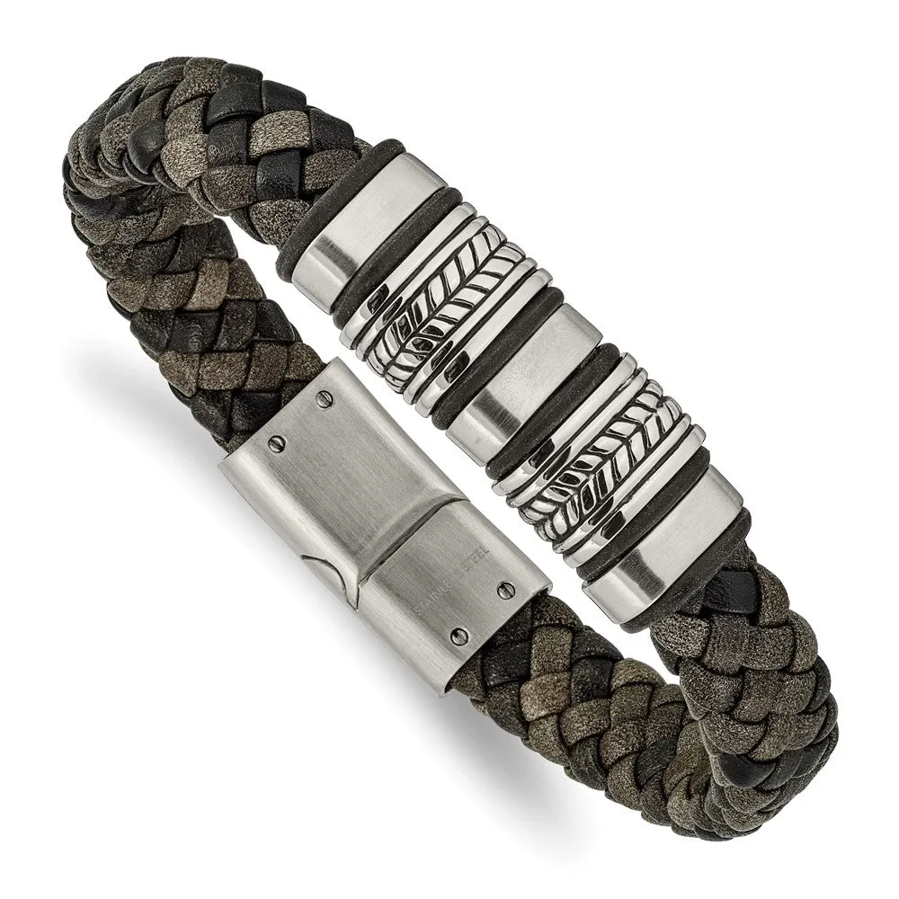 Men's Stainless Steel & Multicolor Leather Bead Bracelet, 8.25 Inch