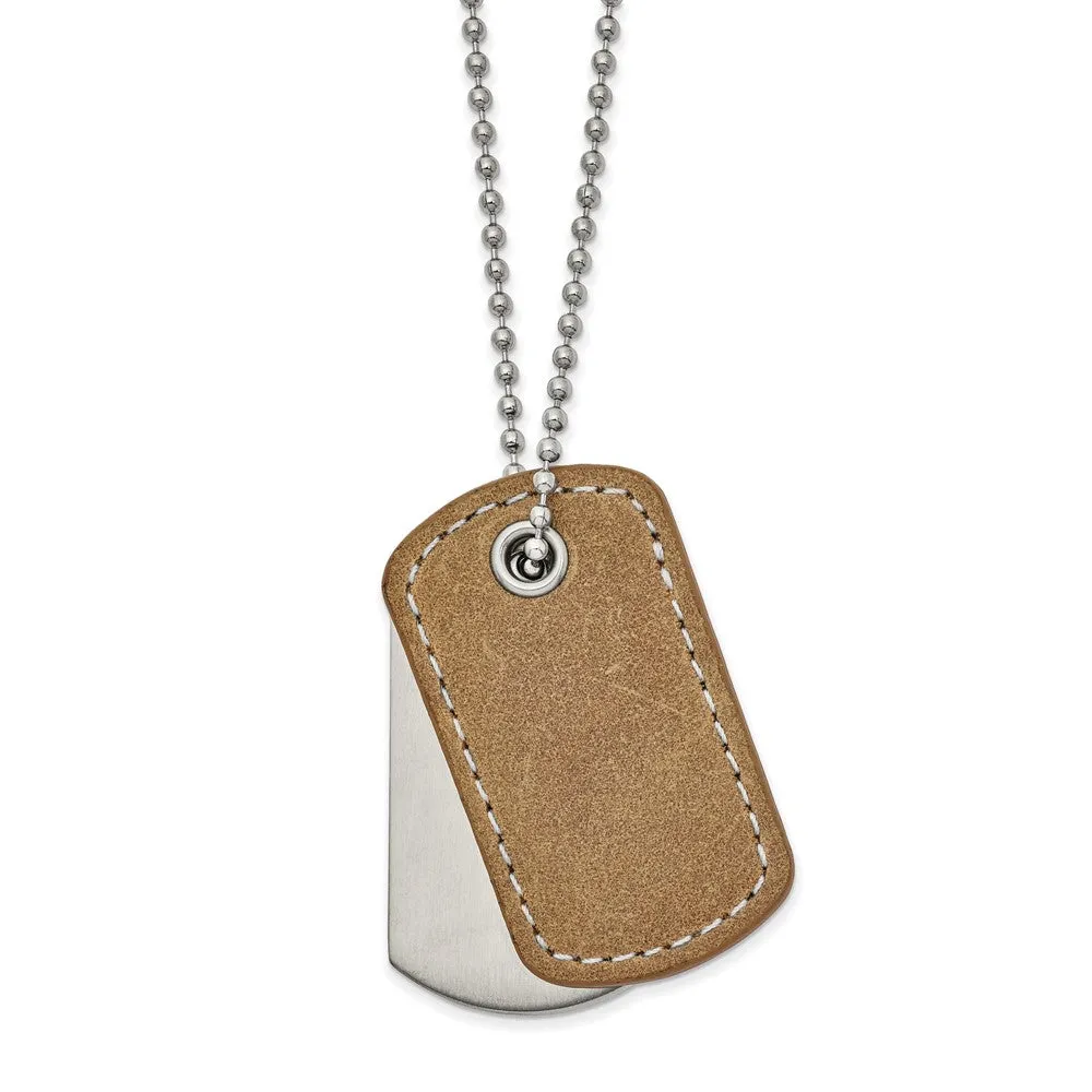 Men's Stainless Steel & Tan Leather 2 Piece Dog Tag Necklace, 22 Inch