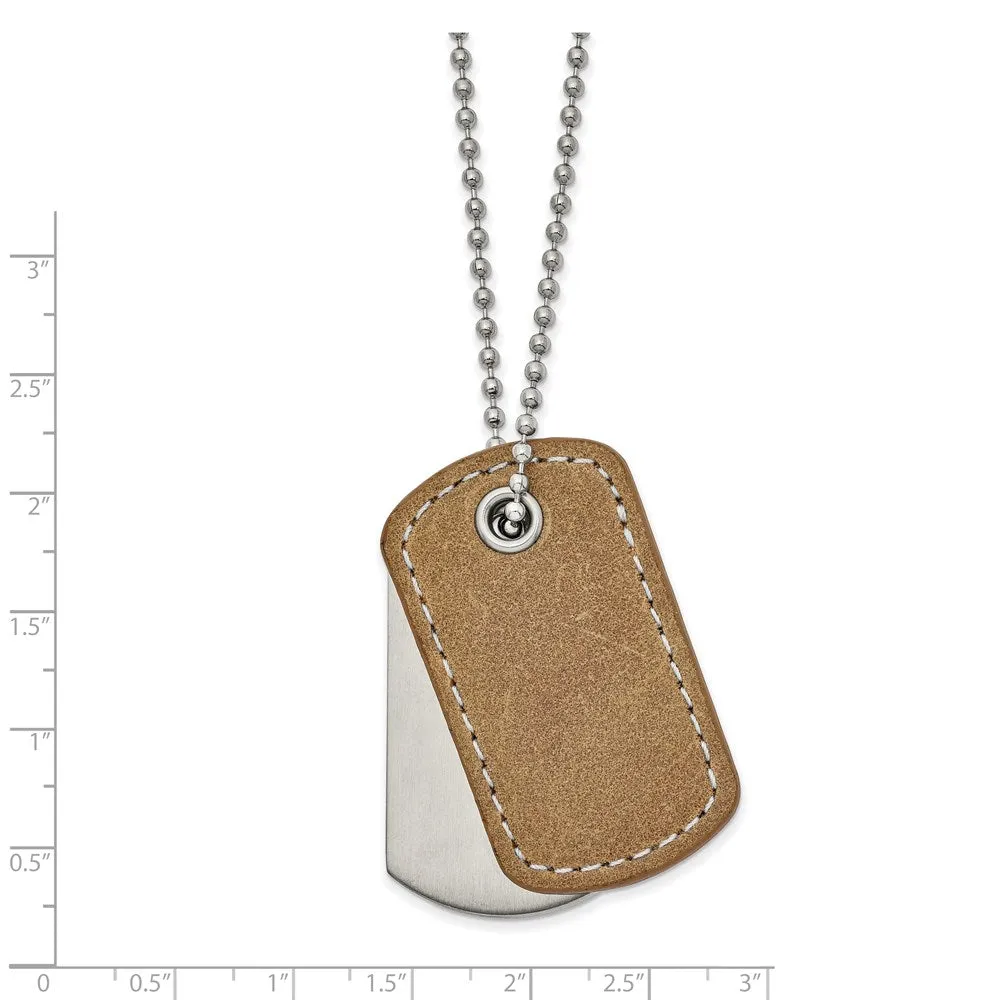 Men's Stainless Steel & Tan Leather 2 Piece Dog Tag Necklace, 22 Inch