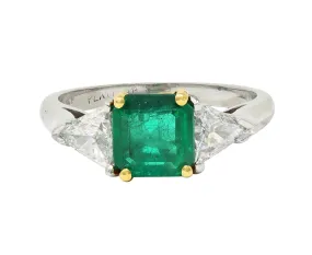 Mid-Century 1.60 CTW Colombian Emerald Diamond Platinum 18 Karat Yellow White Gold Vintage Ring GIA